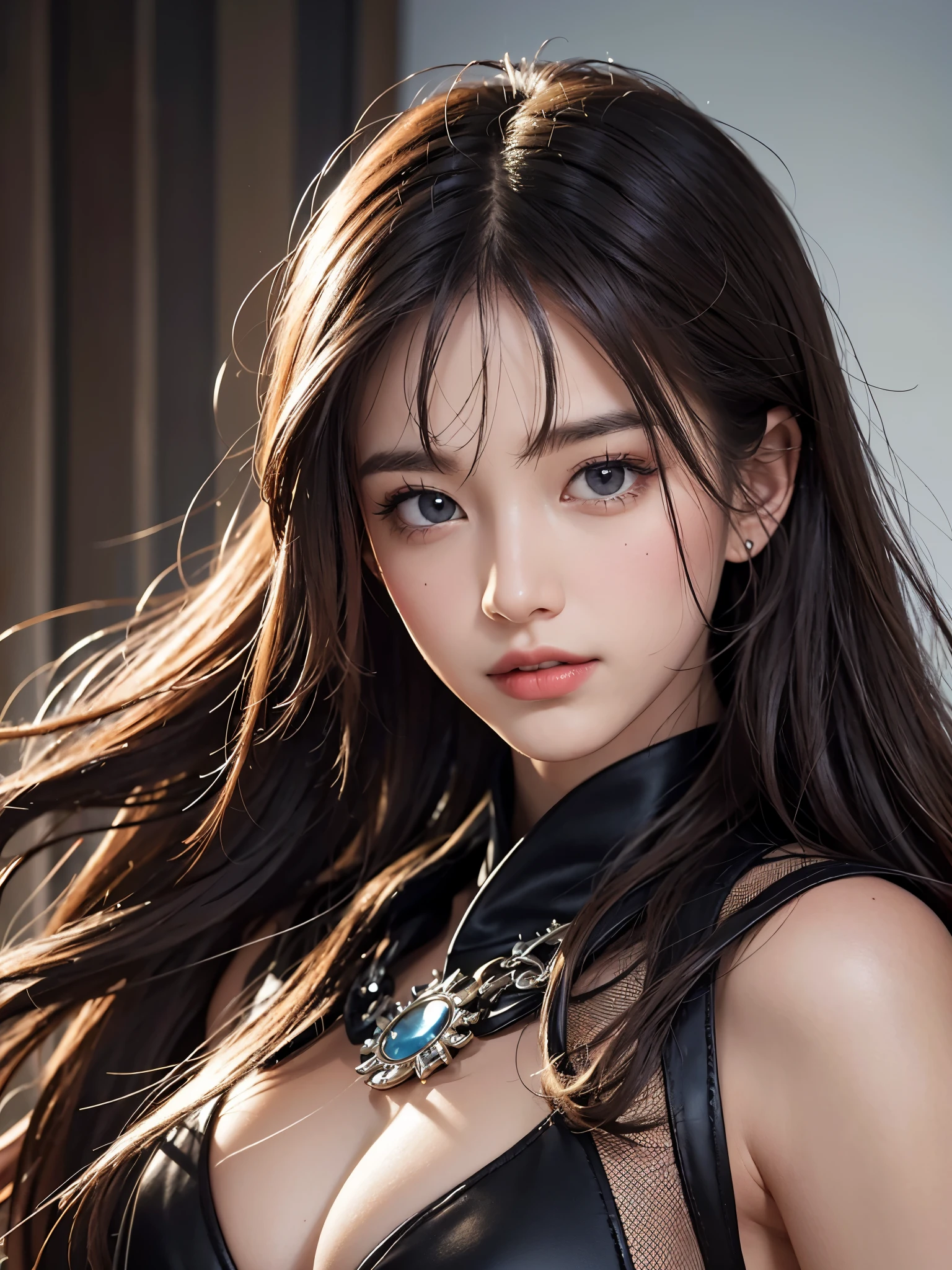 best qualityer, Masterpiece artwork, ultra-high resolution, (photorrealistic: 1,4), raw photo, 1 girl, very eye-catching, piercing and mysterious eyes, slight smile on your face, shoulder to shoulder, in dark, deep shadow, discreet tone, cool light