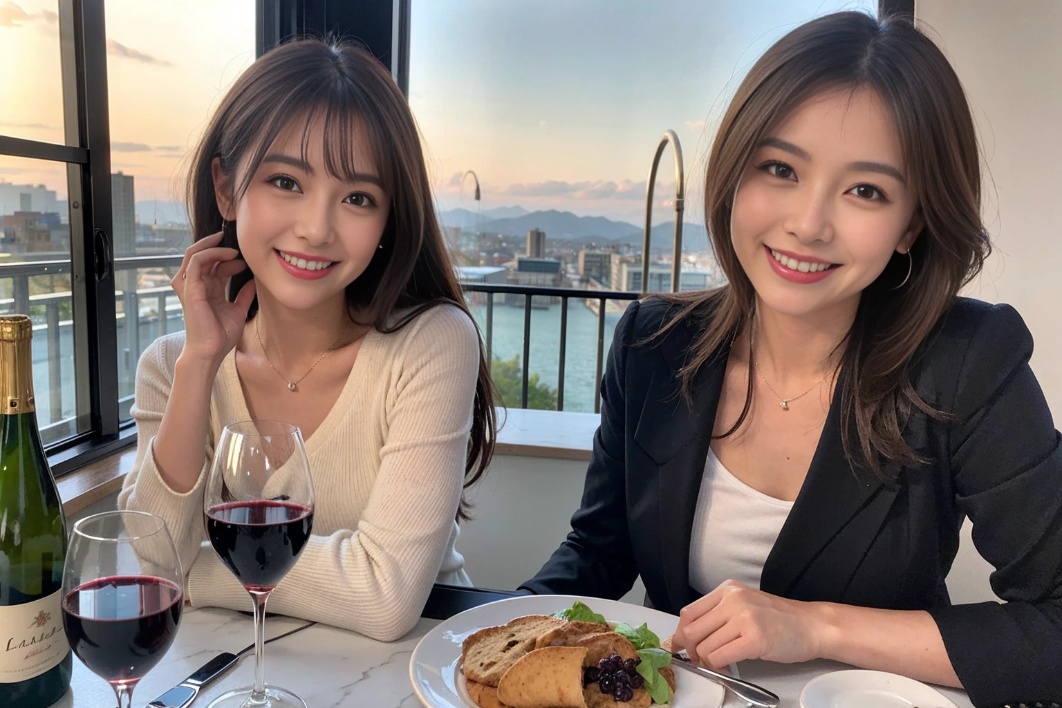 ((Highest quality、8k、masterpiece:1.3))、1 male、1 female,42 years old 39 years old、Slim Beauty、Beautiful couple、Upper Body、smile、 (Slim face), (The body is スリム), (Brown Hair), (Shortcuts), テーブルのフルコースディナーとwine glass、Amazing view of the sunset sky and clouds、smileの美しさ、Wine bottle、sparkling wine、Long sleeve shirt、dress、White wine, red wine, wine glass, Beautiful fine grain, Depth f/2,saturation, High Contrast, Strong light and shadow,Moist Body:1.5、 texture、The hair is very shiny、