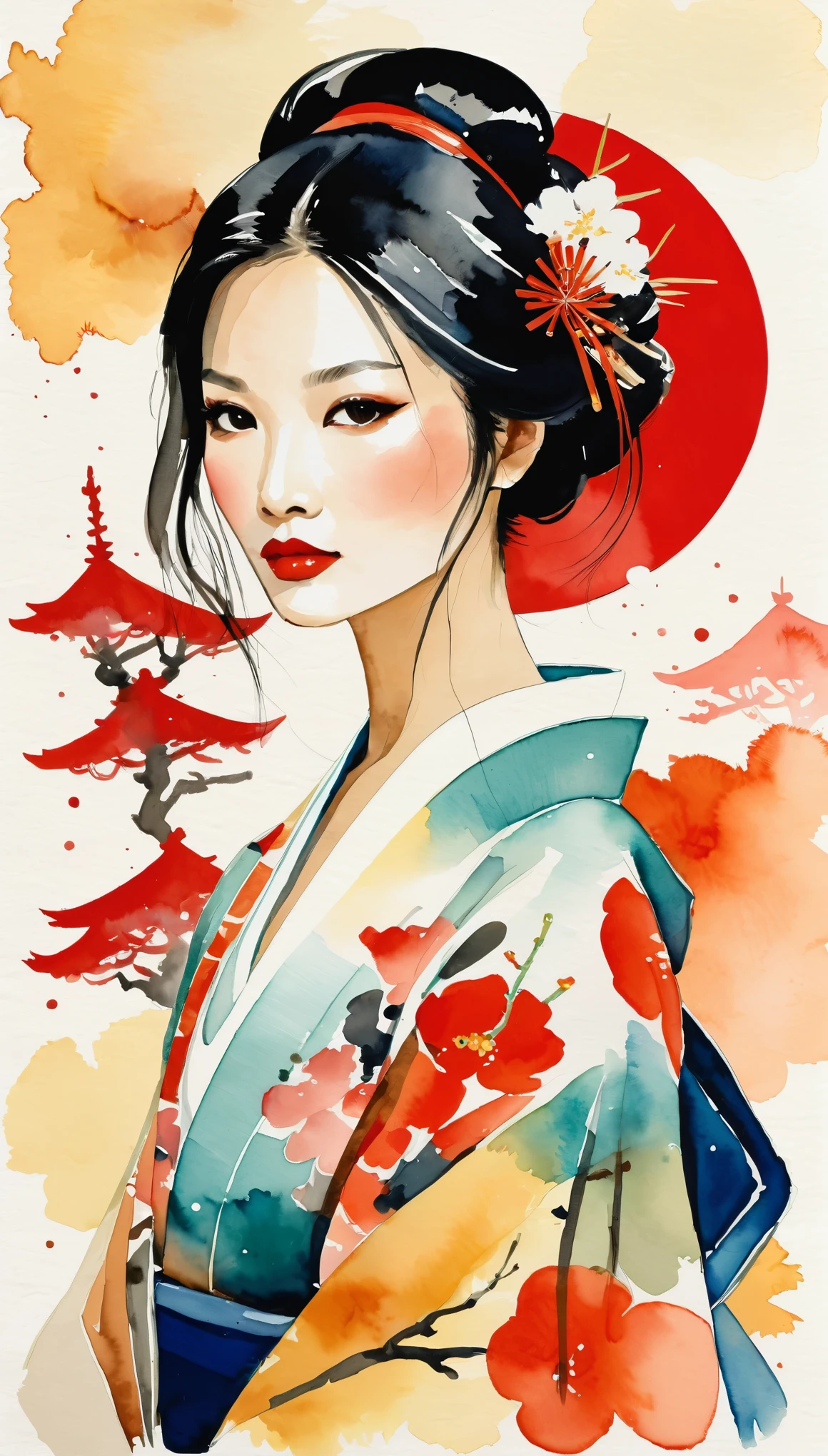 masterpiece,Acrylic watercolor paintings inspired by Japan,Vector Flat,Vector art,Dustin Nguyen Style
