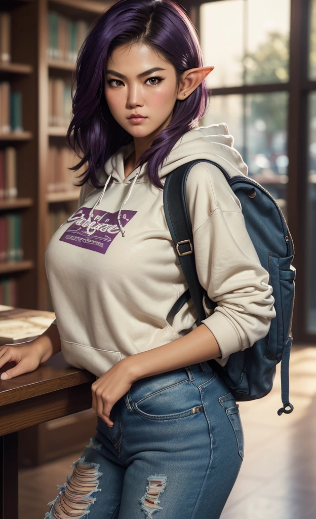 (masterpiece), (extremely intricate:1.3), (realistic), portrait of a girl, huge and perfect breasts, the most beautiful in the world, dark eyebrows, bright purple hair, (grace park:1.3), scowl, (annoyed pout:1.2), blushing heavily, (oversized baggy cosy hoodie), (ripped baggy jeans), (canvas sneakers), (backpack), (elf ears:1.1), tanned, detailed textures, indoors, bright sunlight, (college library:1.4), sitting at a table, professional photograph of a stunning woman detailed, looking at the camera, alluring stare, detailed eyes, sharp focus, dramatic, award winning, cinematic lighting, octane render  unreal engine,  volumetrics dtx, (film grain, blurry background, blurry foreground, bokeh, depth of field, motion blur:1.3)