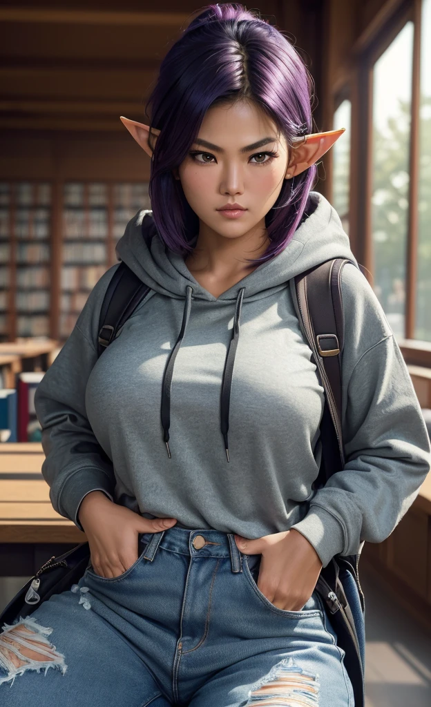 (masterpiece), (extremely intricate:1.3), (realistic), portrait of a girl, huge and perfect breasts, the most beautiful in the world, dark eyebrows, bright purple hair, (grace park:1.3), scowl, (annoyed pout:1.2), blushing heavily, (oversized baggy cosy hoodie), (ripped baggy jeans), (canvas sneakers), (backpack), (elf ears:1.1), tanned, detailed textures, indoors, bright sunlight, (college library:1.4), sitting at a table, professional photograph of a stunning woman detailed, looking at the camera, alluring stare, detailed eyes, sharp focus, dramatic, award winning, cinematic lighting, octane render unreal engine, volumetrics dtx, (film grain, blurry background, blurry foreground, bokeh, depth of field, motion blur:1.3)