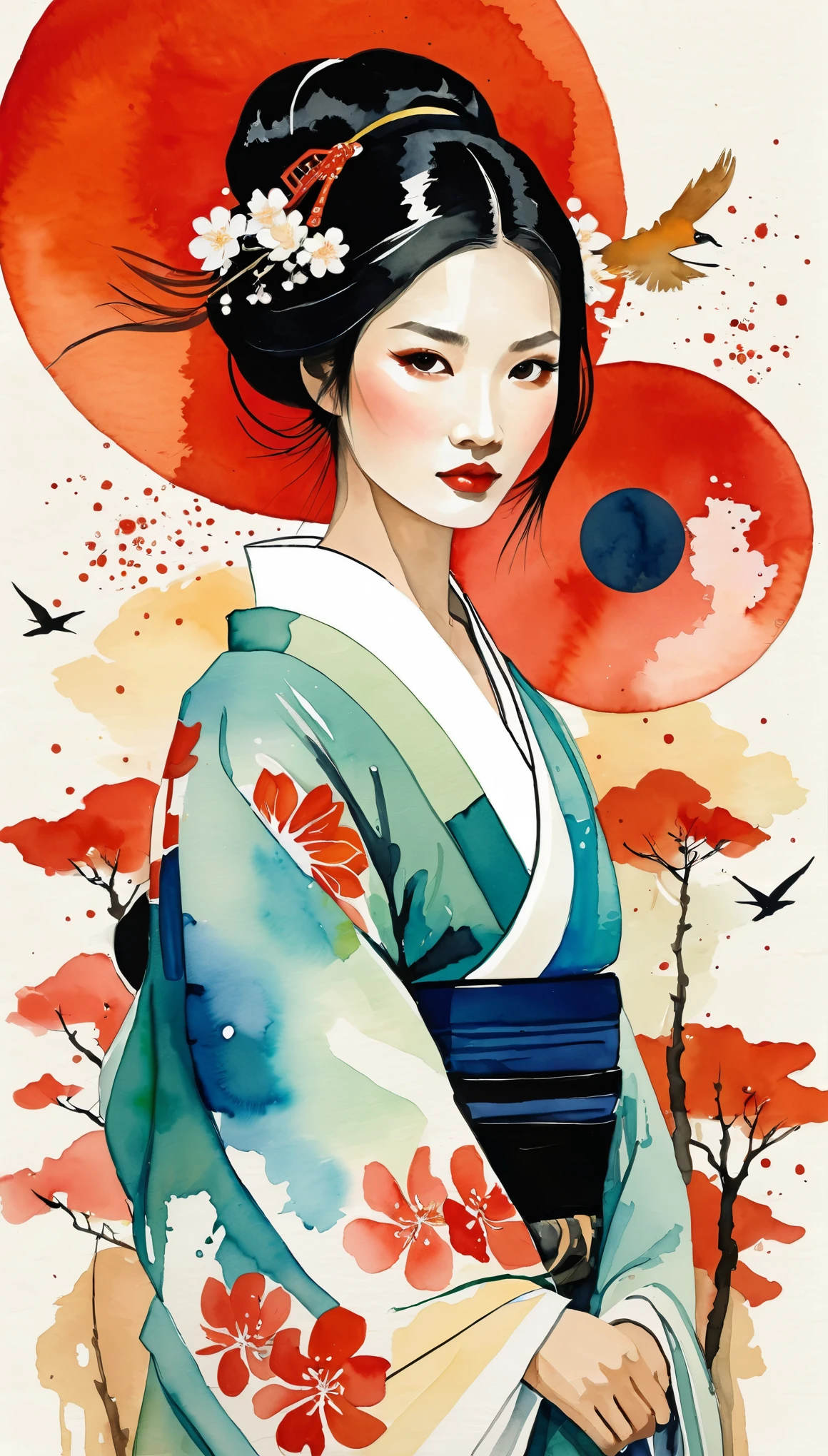 masterpiece,Acrylic watercolor paintings inspired by Japan,Vector Flat,Vector art,Dustin Nguyen Style