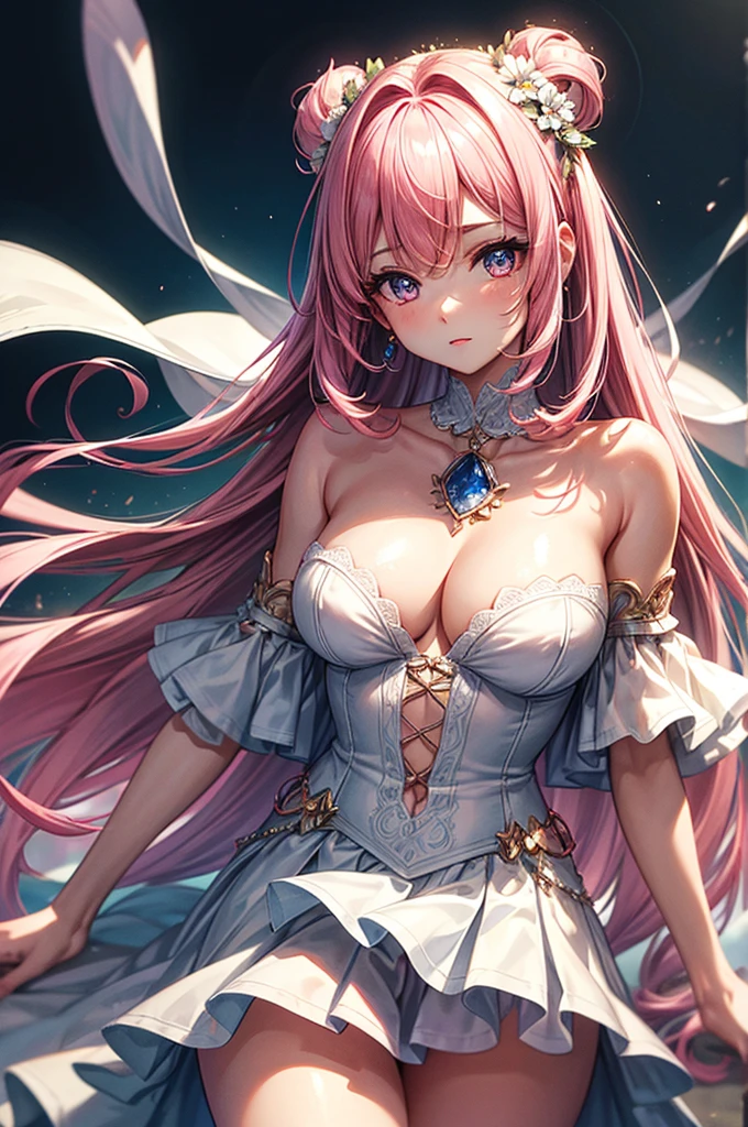 highest quality, ultra high resolution, super detailed, gorgeous, masterpiece, best quality, high resolution finely detailed, extremely beautiful, distinct image, frilly off-shoulder blouse, pleated skirt, 1 girl, 21 years old, soft and cute facial features, oval shaped face, beautiful sapphire colored eyes, innocent eyes, E-cup breasts, short height(160cm), slim thick body, flowing pink hair with white highlights, narrow waist, modern times background, lightly tanned alabaster skin, hip-level shot