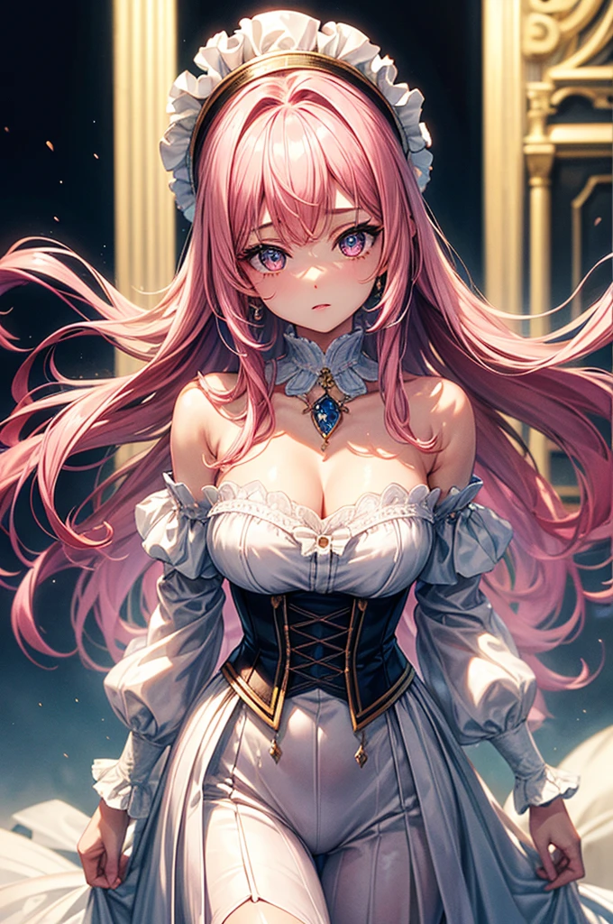 highest quality, ultra high resolution, super detailed, gorgeous, masterpiece, best quality, high resolution finely detailed, extremely beautiful, distinct image, frilly off-shoulder blouse, pleated skirt, 1 girl, 21 years old, soft and cute facial features, oval shaped face, beautiful sapphire colored eyes, innocent eyes, E-cup breasts, short height(160cm), slim thick body, flowing pink hair with white highlights, narrow waist, modern times background, lightly tanned alabaster skin, hip-level shot
