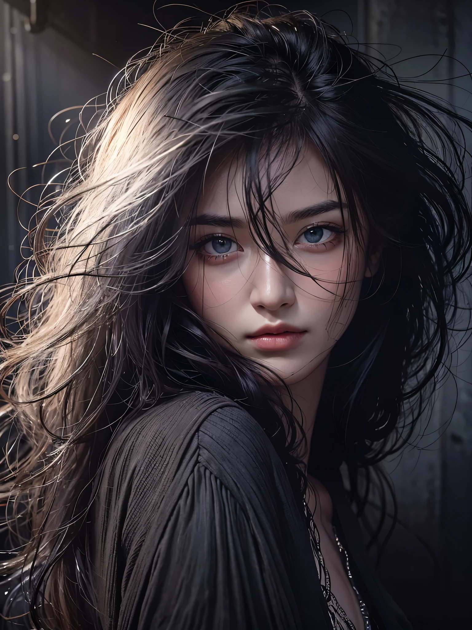 best qualityer, Masterpiece artwork, ultra-high resolution, (photorrealistic: 1,4), raw photo, 1 girl, very eye-catching, piercing and mysterious eyes, slight smile on your face, hair blown by the wind, shoulder to shoulder, in dark, deep shadow, discreet tone, cool light