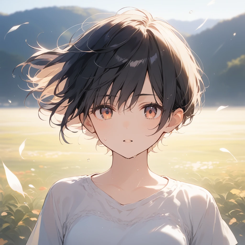 score_9, score_8_up, score_7_up, source_anime, best quality, masterpiece, official art, absurdres, highres, ultra-detailed,waifu2x,Collection: Serious Beauty,break,1girl, sprightly girl, very short hair, pixie cut, breasts, beautiful detailed eyes, expressionless, blank stare, shorts, sweat, dripping, parted lips, outdoors,meadow, wind, break,(clear line illustration:1.2), super detailed skin,very high resolution, very aesthetic, Best sexual lighting powered by famous artist, 8k, beauty illustration,photoshop_(medium),,(Detailed Lighting),best anime 8k konachan wallpaper, pixiv contest winner,