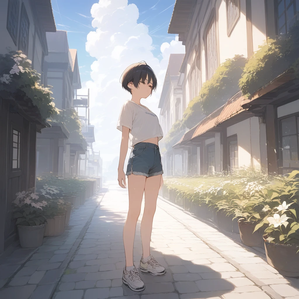 score_9, score_8_up, score_7_up, source_anime, best quality, masterpiece, official art, absurdres, highres, ultra-detailed,waifu2x,Collection: Serious Beauty,break,1girl, sprightly girl, very short hair, pixie cut, breasts, beautiful detailed eyes, expressionless, blank stare, shorts, sweat, dripping, parted lips, outdoors,meadow, wind, break,(clear line illustration:1.2), super detailed skin,very high resolution, very aesthetic, Best sexual lighting powered by famous artist, 8k, beauty illustration,photoshop_(medium),,(Detailed Lighting),best anime 8k konachan wallpaper, pixiv contest winner,