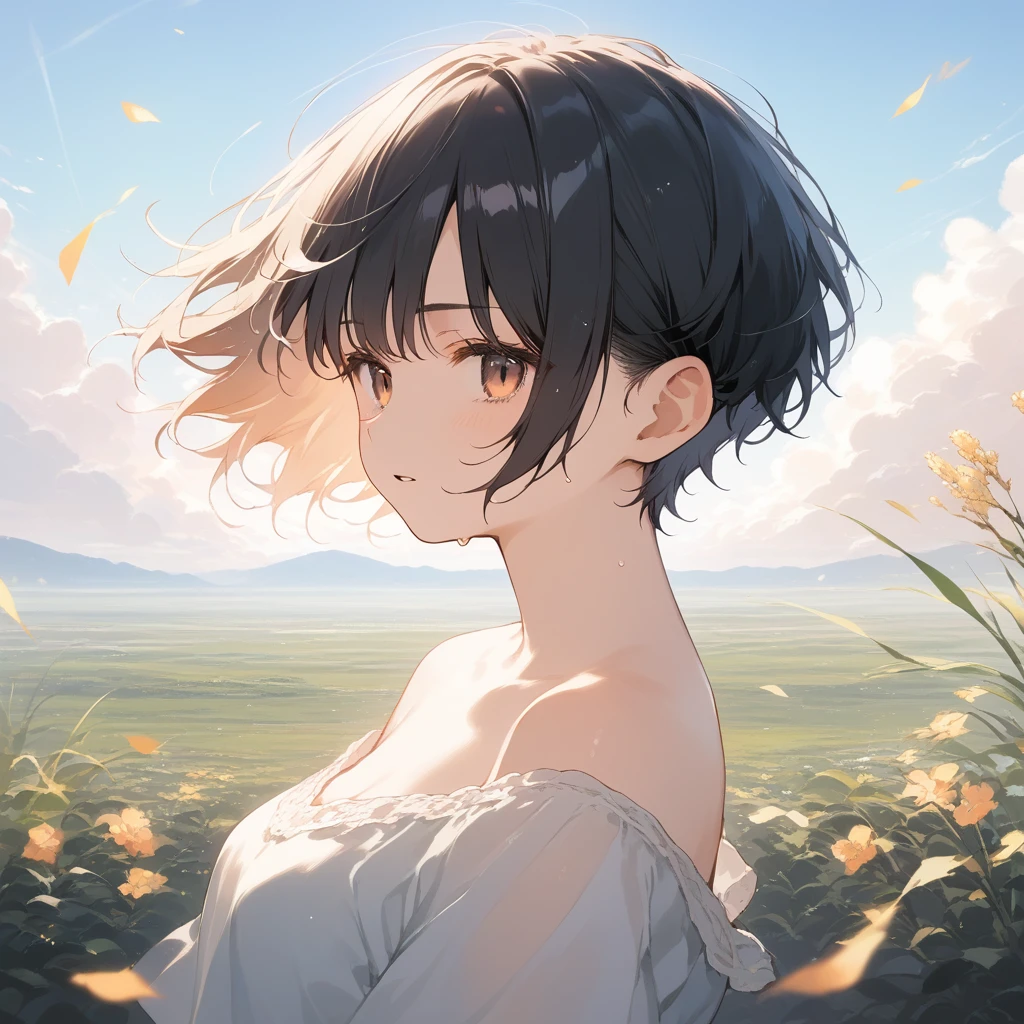 score_9, score_8_up, score_7_up, source_anime, best quality, masterpiece, official art, absurdres, highres, ultra-detailed,waifu2x,Collection: Serious Beauty,break,1girl, sprightly girl, very short hair, pixie cut, breasts, beautiful detailed eyes, expressionless, blank stare, shorts, sweat, dripping, parted lips, outdoors,meadow, wind, break,(clear line illustration:1.2), super detailed skin,very high resolution, very aesthetic, Best sexual lighting powered by famous artist, 8k, beauty illustration,photoshop_(medium),,(Detailed Lighting),best anime 8k konachan wallpaper, pixiv contest winner,