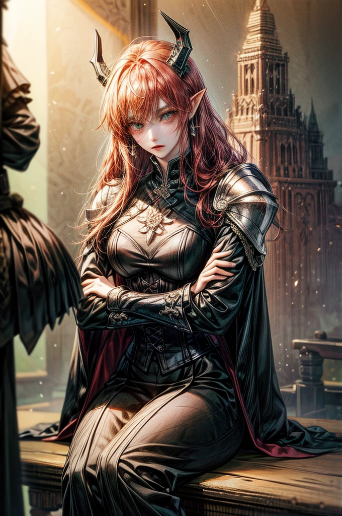 score_9, score_8_up, score_8, (Nagasawa Rosetsu style), (Yi yaegwan style), Digital painting style visual effects, solo, 1woman, red hair, volumous hair, long hair, amber eyes, (pointy ears: long pointy ears curved at the end), alluring body, natural body markings, small horns, long demon tail, medium perky breasts, BREAK earrings, silver jewelry, assassin clothes, silver detailed clothes, leather armor, black corset, underbust, long sleeves, black leather gauntlets, black pants, black leather greaves, BREAK rapier sheathed at the waist, BREAK castle wall background, BREAK crossed arms, sitting, leaning against the wall, looking at ground BREAK full body image