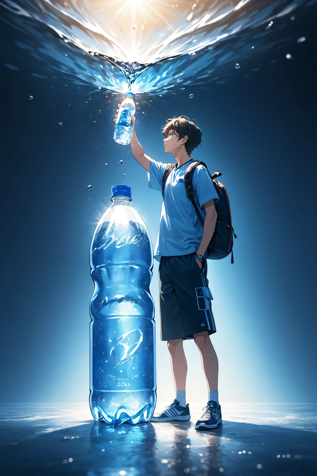 (masterpiece, Highest quality:2),(Depth of written boundary HDR 8K 4K Wallpaper Cinematic angle, Cinema Lighting, :1.5),One boy,high school student,,buzzer,Energetic,Sweat,Have a plastic bottle,Drink mineral water,buzzer breeze,Depth of written boundary,