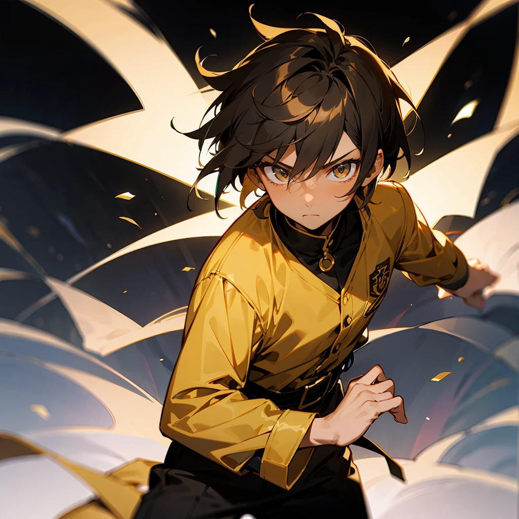 1male , Calm Expression , Ombre Hair ,Black Hair , Gold Highlighted Hair , Fitted white Long-sleeve shirt , Combat clothing , Dark Skin , Kid Male , Facing Viewer