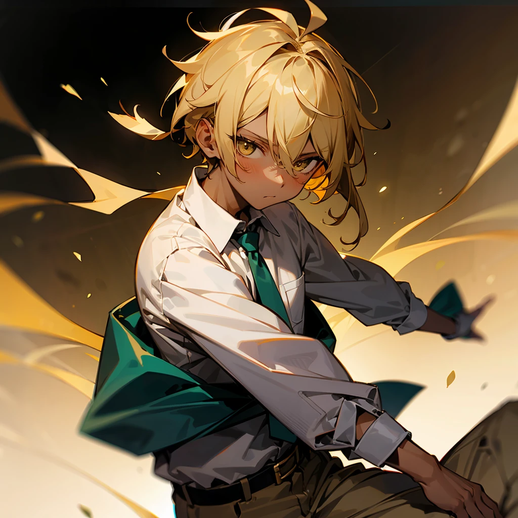 1male , Calm Expression , Ombre Hair ,Black Hair , Gold Highlighted Hair , Fitted white Long-sleeve shirt , Combat clothing , Dark Skin , ??? Male , Facing Viewer