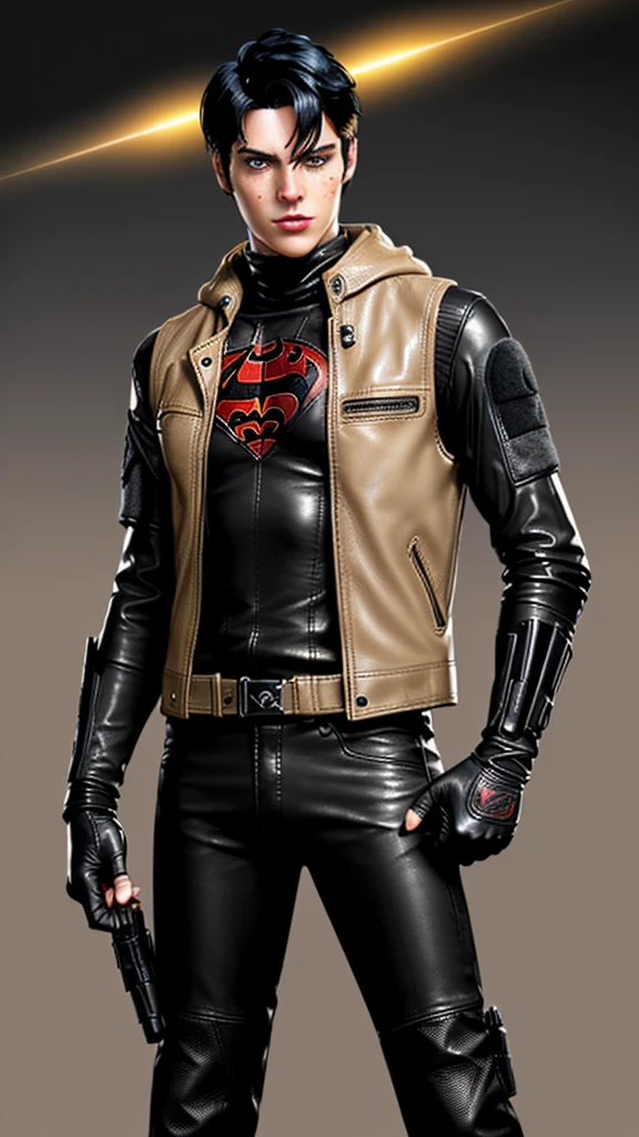 ((American comic hero)),,((jason todd)),((young cute and cool ikemen  boy)),((black hair)),((very cool guy)), ((face is no paint and no mask)),,his age is early 20s, thin eyebrows and beady eyes, ((he is wearing light beige color thick leather jacket)),((jacket is single-brest and no hood)),((leather jacket is long sleeve)),((jacket sleeves color is beige too)), ((jacket color is beige only,no other colors)),((inner wear is black color and thick turtleneck tactical vest)),((chest area on a red color bat illustration)), ((must put on tight dark gray color leather pants)),((put on black color and full finger tactical combat leather glove on both hands)),,((black color middle length leather boots)),((Japanese style character)),((must put on a leather full finger tactical combat glove)),((cool atmosphere))