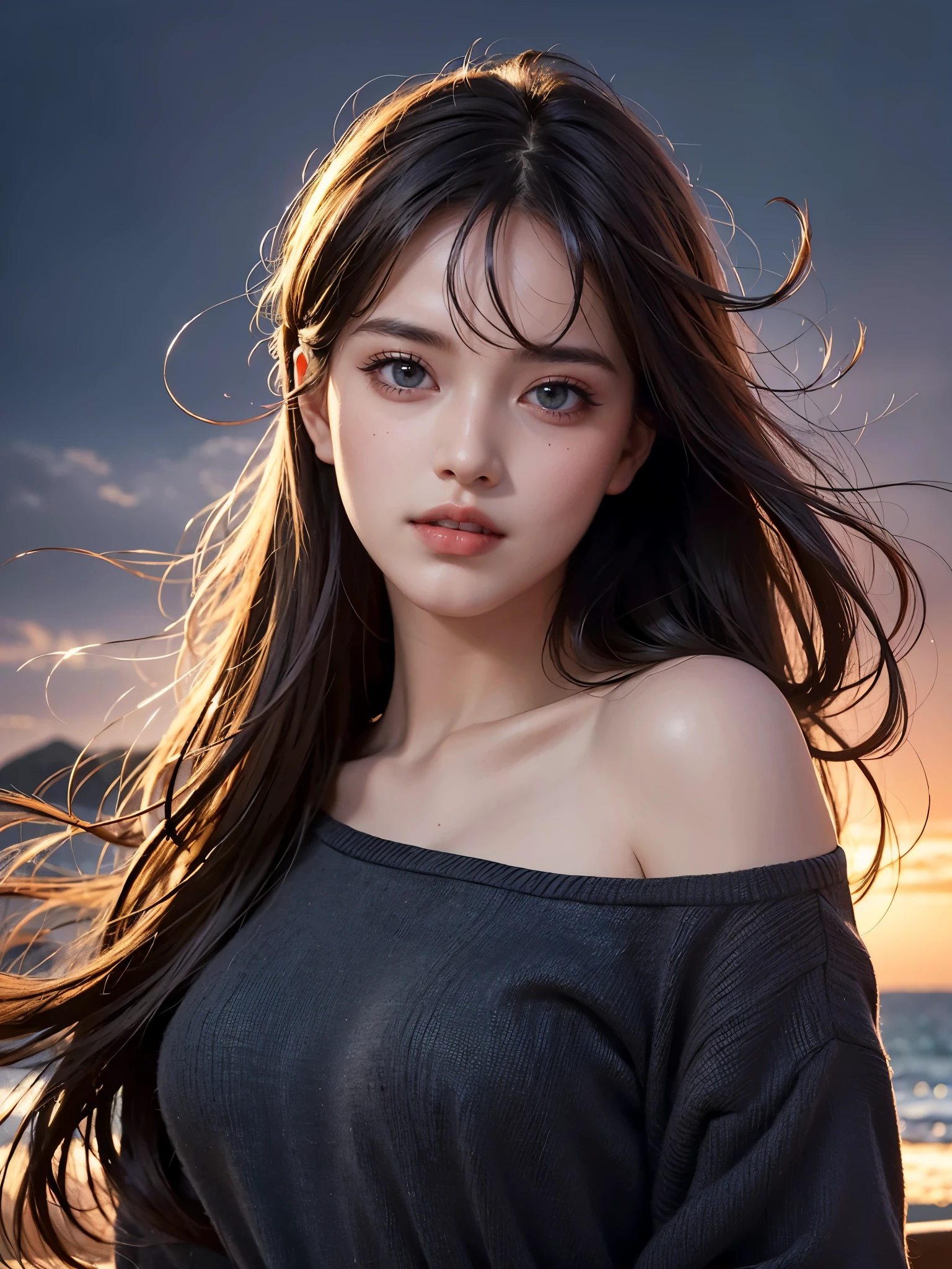 best qualityer, Masterpiece artwork, ultra-high resolution, (photorrealistic: 1,4), raw photo, 1 girl, very eye-catching, piercing and mysterious eyes, (slight smile on your face), beautiful and perfect face, girly face, princess faces, hair blown by the wind, shoulder to shoulder, in dark, deep shadow, discreet tone, cool light