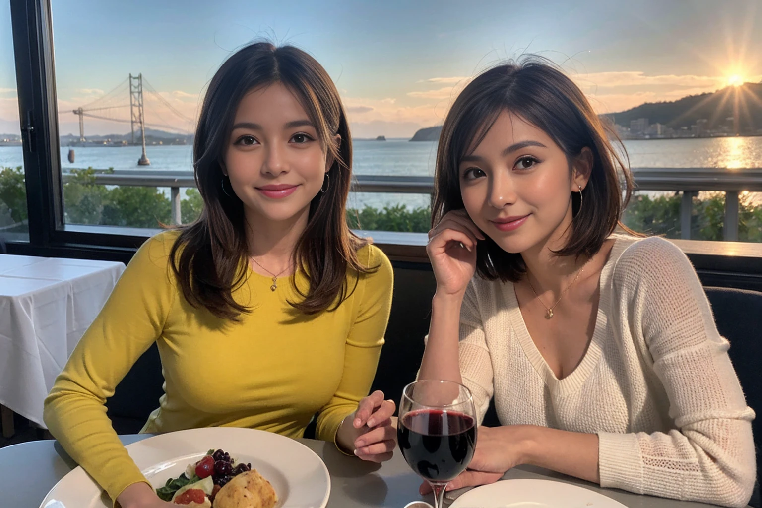 (Realistic:1.1),(masterpiece,Highest quality),8k,(40 years old), 44 years old, slimカップル、Model Couple、actress/actor、Tight waist,Upper Body,full-course dinner、wine 、Amazing view of the sunset sky and clouds、Perfect Anatomy, Brown Hair, short hair,Random Hairstyles,((Highly detailed face and eyes:1.2))(cute顔:1.4),美しいactressの顔,Perfect golden ratio face,Long sleeve shirt、dress,(smile:1.2)、Shortcuts、cute、(Realistic, Intricate details:1.2), A bright smile、short hair,Bright Face、赤wine 、Appetizers、Italian food、wine bottle、Champagne、スパークリングwine、(slimな顔), (The body is slim), (Brown Hair), (Shortcuts), Upper Body, 白wine, slim, wineグラス,
