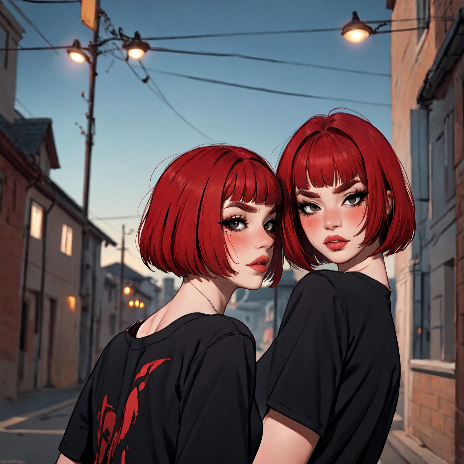 1woman, 35 years old, solo, skinny, red hair, black eyes, eyeliner, looking at viewer, lips, red bob cut, blunt bangs, blush, standing, upper body, face focus, outdoors, tec \(theme\), night, large breats, backwards, looking back