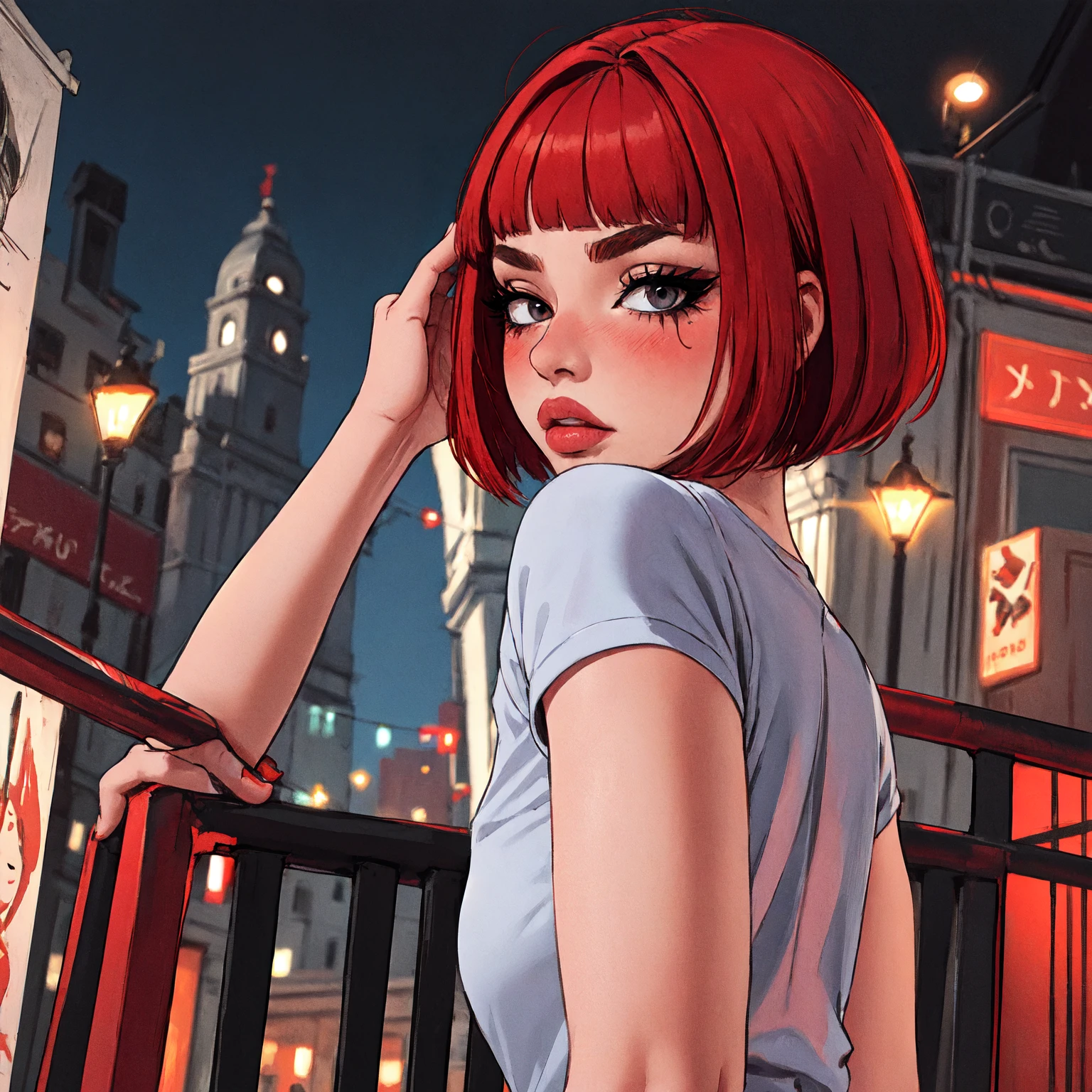 1woman, 35 years old, solo, skinny, red hair, black eyes, eyeliner, looking at viewer, lips, red bob cut, blunt bangs, blush, standing, upper body, face focus, outdoors, tec \(theme\), night, large breats, backwards, looking back