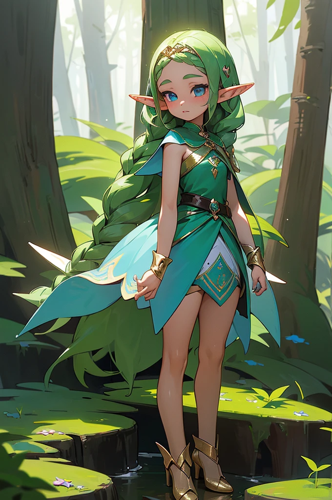 (tween (girl)), (12-year-old-girl), ((young (girl))), wearing a sparkly dress, standing in front of a forest, long braided hairstyle, tight, fitted, bodycon, heels, ((((elf girl)))))
