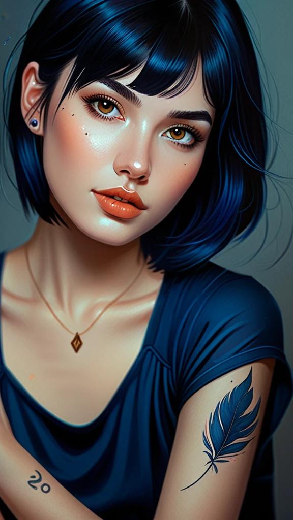 a 22yo woman with black hair, in the style of charlie bowater, dark blue and dark black,realistic color palette, soft-focused realism,black hair, very short hair, blunt bangs, tattoo 