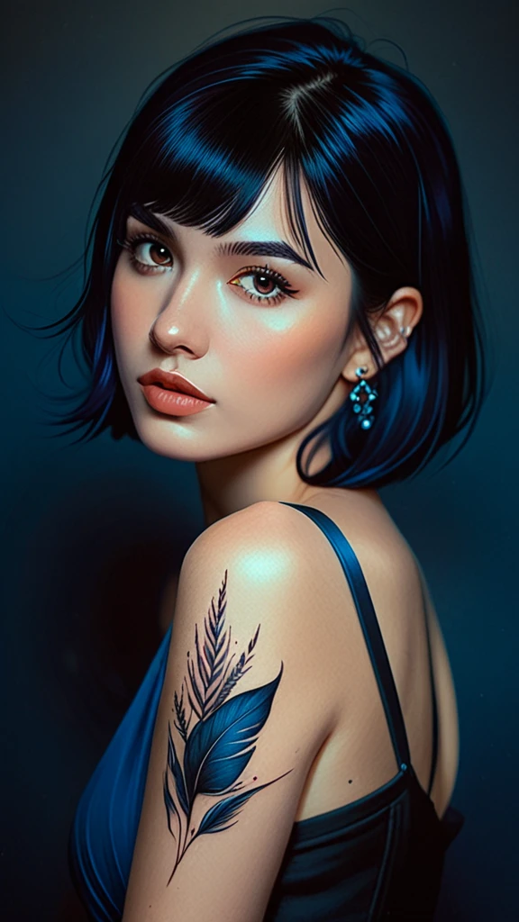 a 22yo woman with black hair, in the style of charlie bowater, dark blue and dark black,realistic color palette, soft-focused realism,black hair, very short hair, blunt bangs, tattoo 