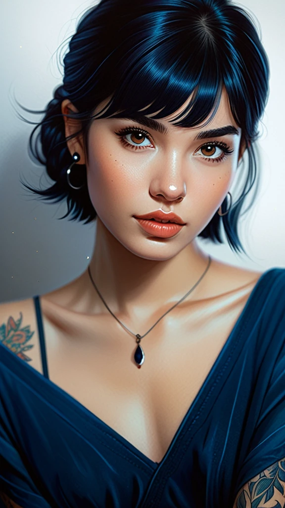 a 22yo woman with black hair, in the style of charlie bowater, dark blue and dark black,realistic color palette, soft-focused realism,black hair, very short hair, blunt bangs, tattoo 