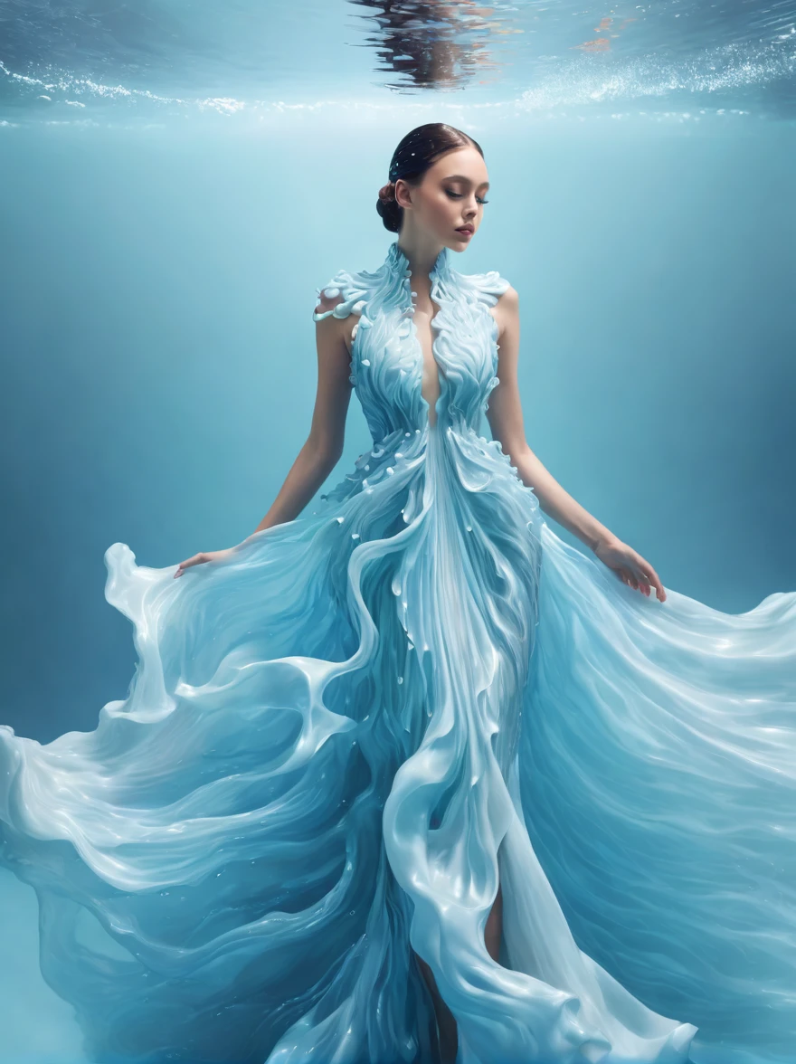 A girl，Wearing a gorgeous outfit made of water，Exquisite dress，Elegant water dress，Gorgeous and elegant，Luxurious clothing，Inspired by Hedi Xandt&#39;s design style。Her attire includes intricate clothing、ornate royal robes、Fine clothing and robes，and dresses with delicate and elegant details。She stepped on high heels，Dressed in royal style。Her hands have finely detailed finger drawings。The fire burned in her body，Also dancing on the skirt，The fire element gave her a winged form。Covered with transparent fabric。It's a masterpiece, The highest quality artistic presentation：1.2）,（8K resolution high-definition RAW photos, a realistic style, Photorealistic:1.3）,(Skin texture is extremely detailed, The fabric texture is exquisite, Realistic flame effects, Beautiful and delicate face:1.25),Professional lighting arrangement、Photon Mapping Technology、Soft and beautiful light processing、Radiometric calculation method、High-end shooting techniques such as physically based realistic rendering and ray tracing technology are used in it;Model-like shooting style， (Extremely fine CG unified 8K wallpaper),Full-length photo shows one of the most beautiful works of art in the world