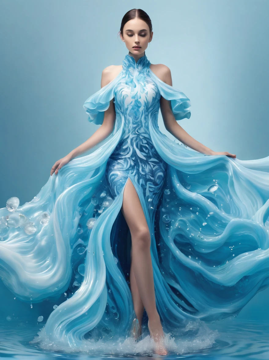 A girl，Wearing a gorgeous outfit made of water，Exquisite dress，Elegant water dress，Gorgeous and elegant，Luxurious clothing，Inspired by Hedi Xandt&#39;s design style。Her attire includes intricate clothing、ornate royal robes、Fine clothing and robes，and dresses with delicate and elegant details。She stepped on high heels，Dressed in royal style。Her hands have finely detailed finger drawings。The fire burned in her body，Also dancing on the skirt，The fire element gave her a winged form。Covered with transparent fabric。It's a masterpiece, The highest quality artistic presentation：1.2）,（8K resolution high-definition RAW photos, a realistic style, Photorealistic:1.3）,(Skin texture is extremely detailed, The fabric texture is exquisite, Realistic flame effects, Beautiful and delicate face:1.25),Professional lighting arrangement、Photon Mapping Technology、Soft and beautiful light processing、Radiometric calculation method、High-end shooting techniques such as physically based realistic rendering and ray tracing technology are used in it;Model-like shooting style， (Extremely fine CG unified 8K wallpaper),Full-length photo shows one of the most beautiful works of art in the world