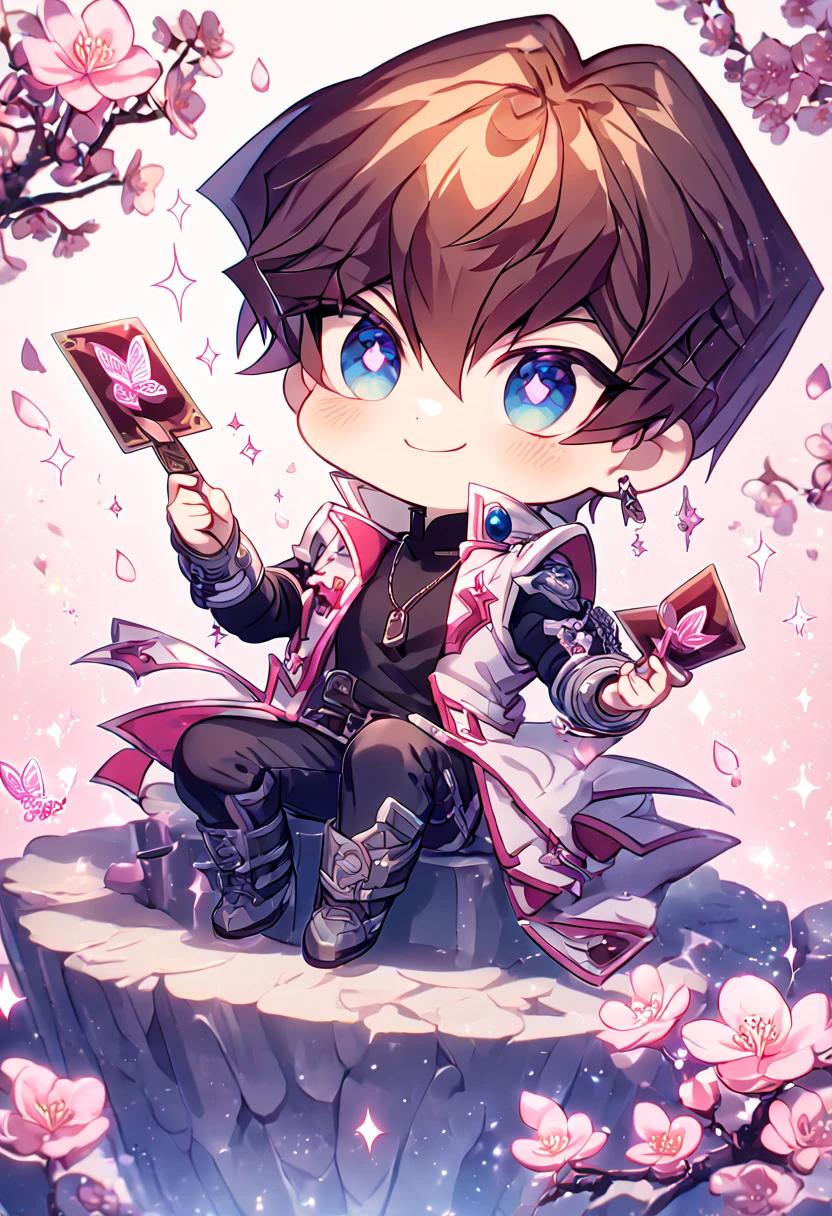 absurdres, highres, ultra detailed, HDR, master piece, best quality, extremely detailed, Kaiba Seto chibi, brown hair, expressive blue eyes, Yu-Gi-Oh, solo, cute, handsome, handsome smile, sensual, white coat, black shirt, black pants, holding a card, sitting, magical, sparkling, pink glittering fireflies, pink ice, pink ice butterflies, pink ice petals, pink ice cherry blossoms, pink crystal, pink flowers
