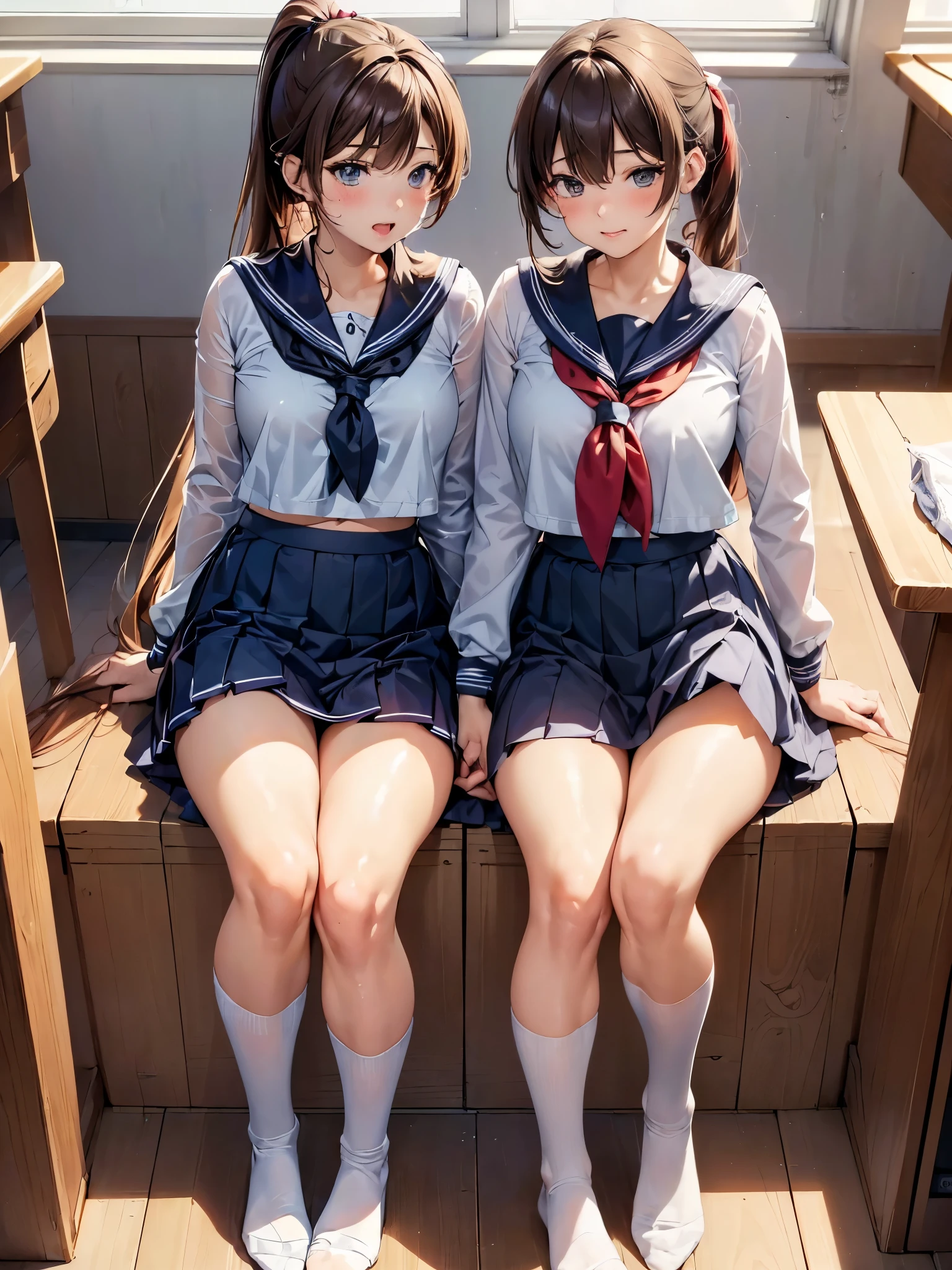 (NSFW:1.5), (realistic, photo realistic:1.2), ((highest quality)), move the center of gravity backwards, pretty embarrassing, 2girls, black long hair, bangs, hairclip, purple eyes, school shirt, (brown school uniform), (school skirt), (black pantyhose), red necktie, (rabbit ears, pantyhose, white panties, (show panties:1.4), (Panty shot:1.3), (pull up the skirt:1.3), (squat:1.4), put the heel on the ground, spread legs, (spread pussy:1.5), squat with your knees up, Attach your ass to the ground, black penny loafers, beautiful face details, real human skin, gentle expression, Front view, angle from below, realistic, photorealistic, squat deep on class room, whole body, (looking at the viewer:1.2), From before, from below,