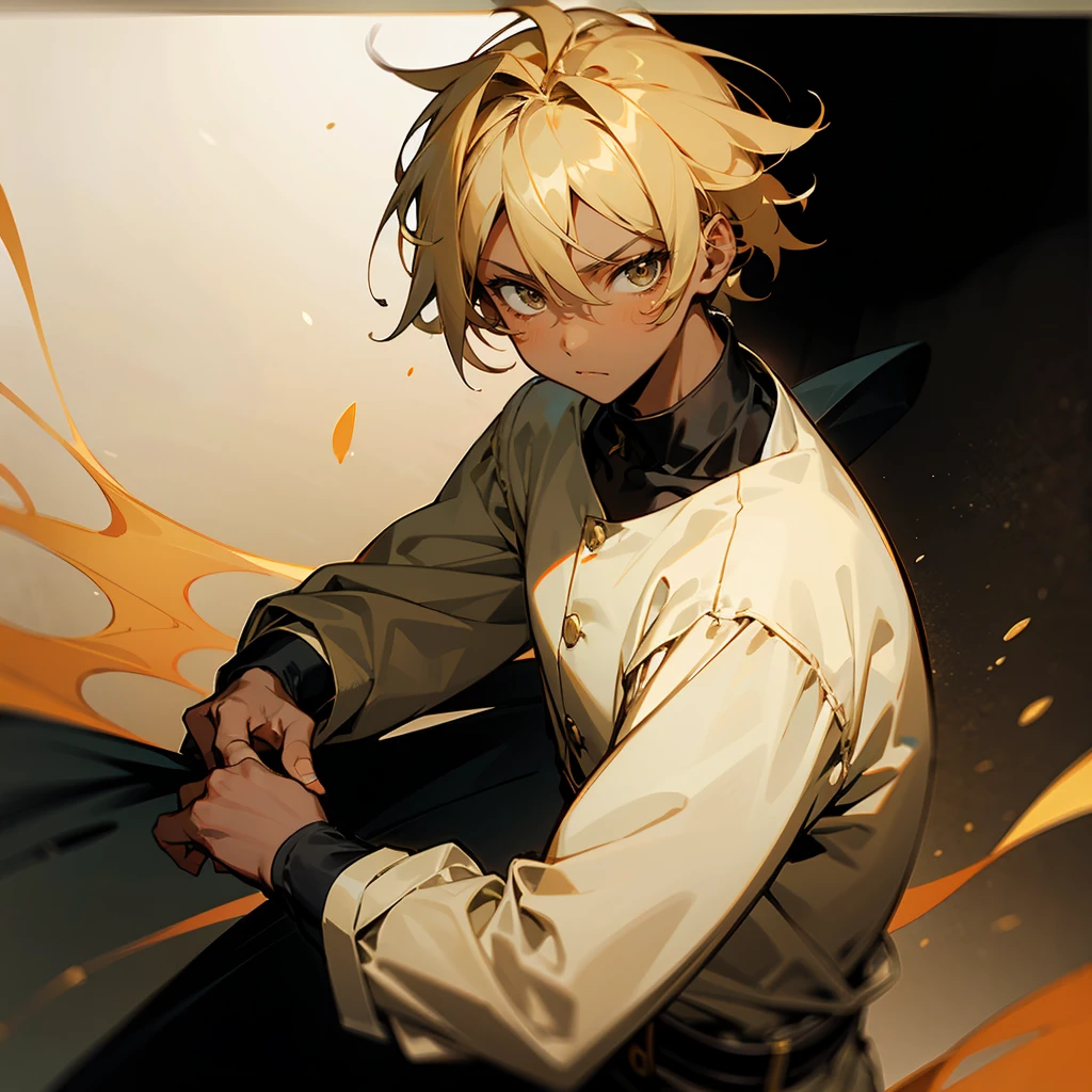 1male , Calm Expression , Ombre Hair ,Black Hair , Gold Highlighted Hair , Fitted white Long-sleeve shirt , Combat clothing , Dark Skin , Kid Male , Facing Viewer