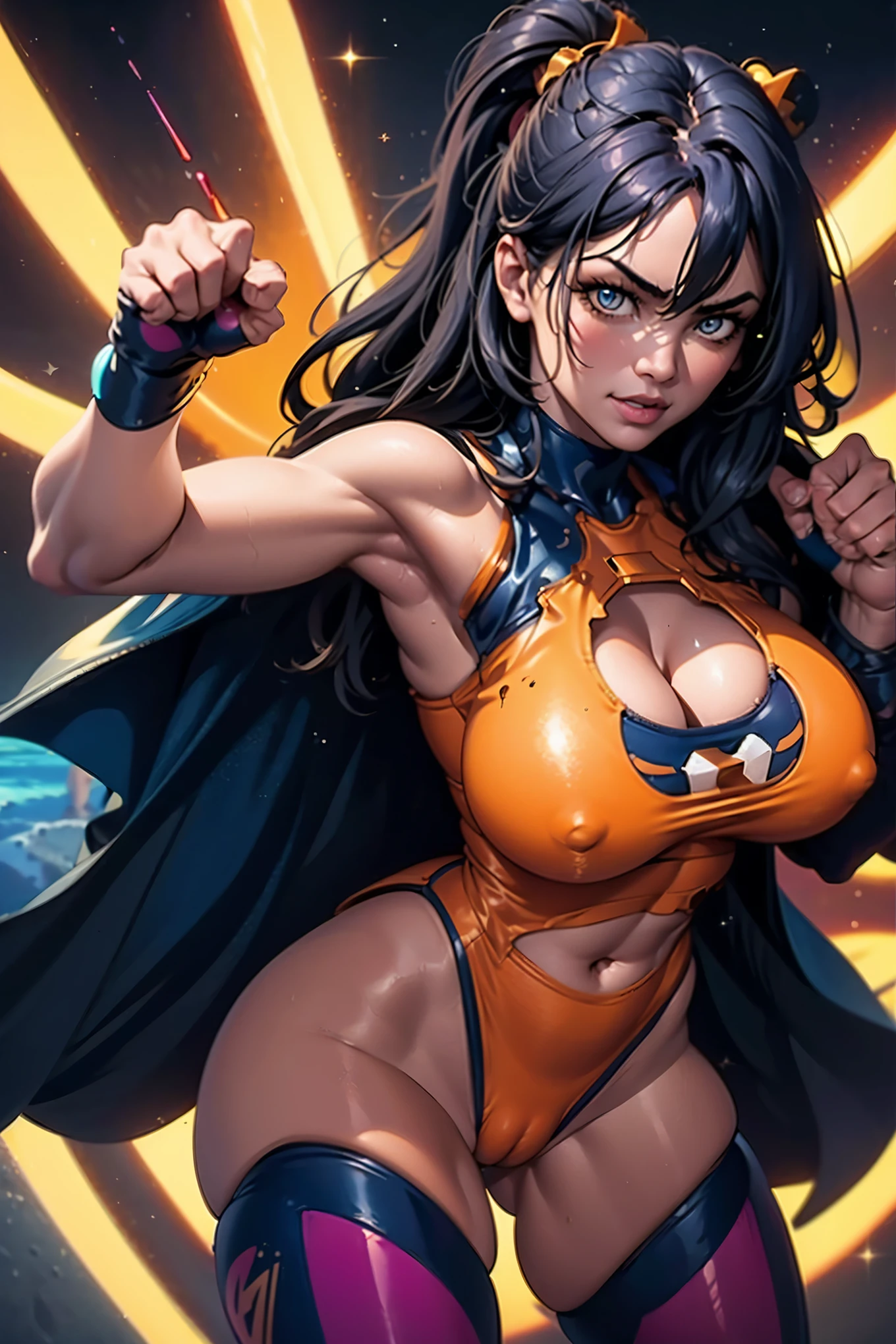 Digital painting of a woman with orange color mixed dark blue messy hair, long hair, Superhero, Muscle Girl, frying, Pose, fist up, From above, 1 knee up, bare shoulder, long cape, Behance Contest Winner, Afrofuturism, Synthwave, neon, glowing neon, Huge saggy breasts, (cute smile face:0.25), glitter galaxy background, planets,(((cameltoe)))