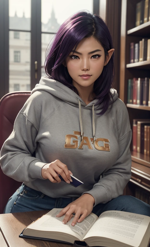 (masterpiece), (extremely intricate:1.3), (realistic), portrait of a girl, huge and perfect breasts, the most beautiful in the world, dark eyebrows, bright purple hair, (grace park:1.3), annoyed smile, (secretly in love with viewer:1.4), ((reading a book)), (annoyed pout:1.2), blushing heavily, (oversized baggy cosy hoodie), (ripped baggy jeans), (canvas sneakers), (backpack), (elf ears:1.1), tanned, detailed textures, indoors, bright sunlight, (college library:1.4), sitting at a table, professional photograph of a stunning woman detailed, looking at the camera, alluring stare, detailed eyes, sharp focus, dramatic, award winning, cinematic lighting, octane render  unreal engine,  volumetrics dtx, (film grain, blurry background, blurry foreground, bokeh, depth of field, motion blur:1.3)