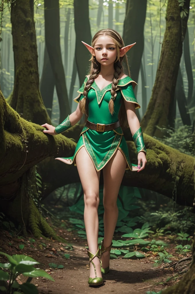 (tween (girl)), (12-year-old-girl), ((young (girl))), wearing a sparkly dress, standing in front of a forest, long braided hairstyle, tight, fitted, bodycon, heels, ((((elf girl)))))