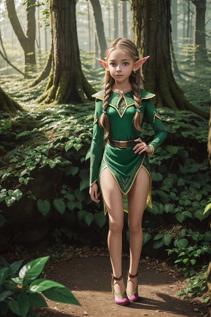(tween (girl)), (-yeld-gi, ((young (girl))), wearing a sparkly dress, standing in front of a forest, long braided hairstyle, tight, fitted, bodycon, heels, ((((elf girl)))))