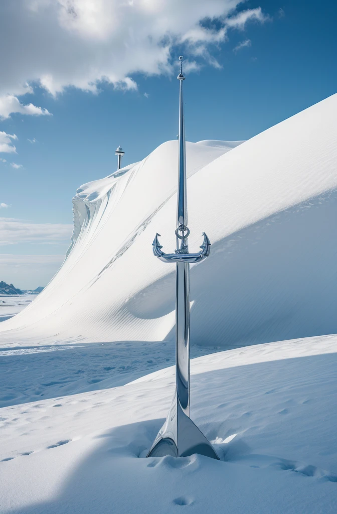 ((a CHROME ANCHOR stuck in the background of a white place)). panorama vertical, ultra-wide vision. uhd, Masterpiece artwork, awarded photo