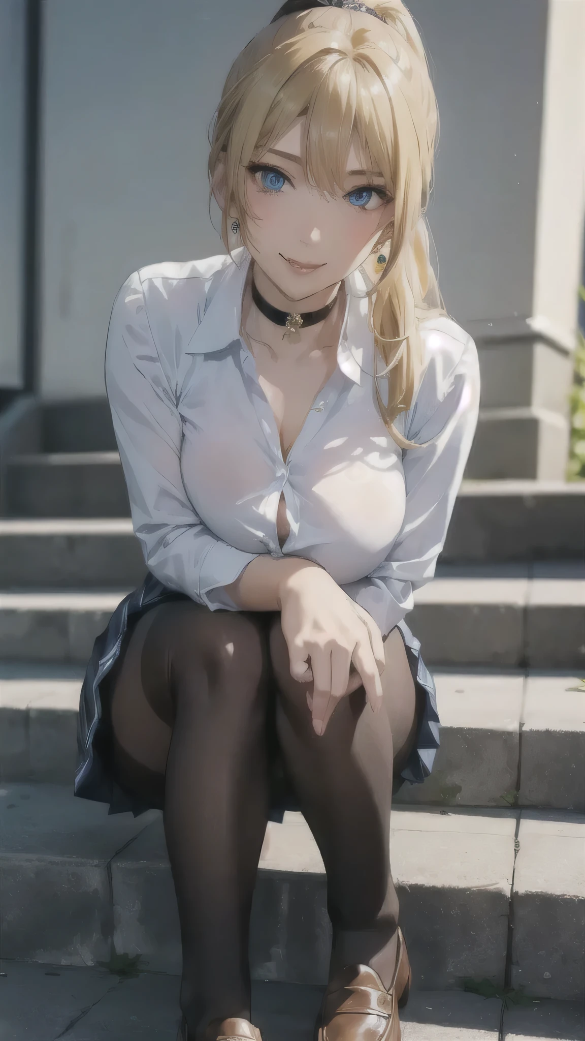 ((high school girl)),((school uniform)),((White blouse)),(((Pleated mini skirt))), ((A shy smile)),((Beautiful legs)),((Beautiful feet)),Ultra-high resolution, Mature Woman, Mature Woman, Very detailed, ((Big Breasts)), Perfect hands, Detailed fingers, Beautiful details, (((school uniform))),((Long blonde hair)),((ponytail)),Black choker, Earrings,loafers,(Black Pantyhose), (Black Stockings),Perfect Eyes, Seductive eyes, School stairs,Are standing