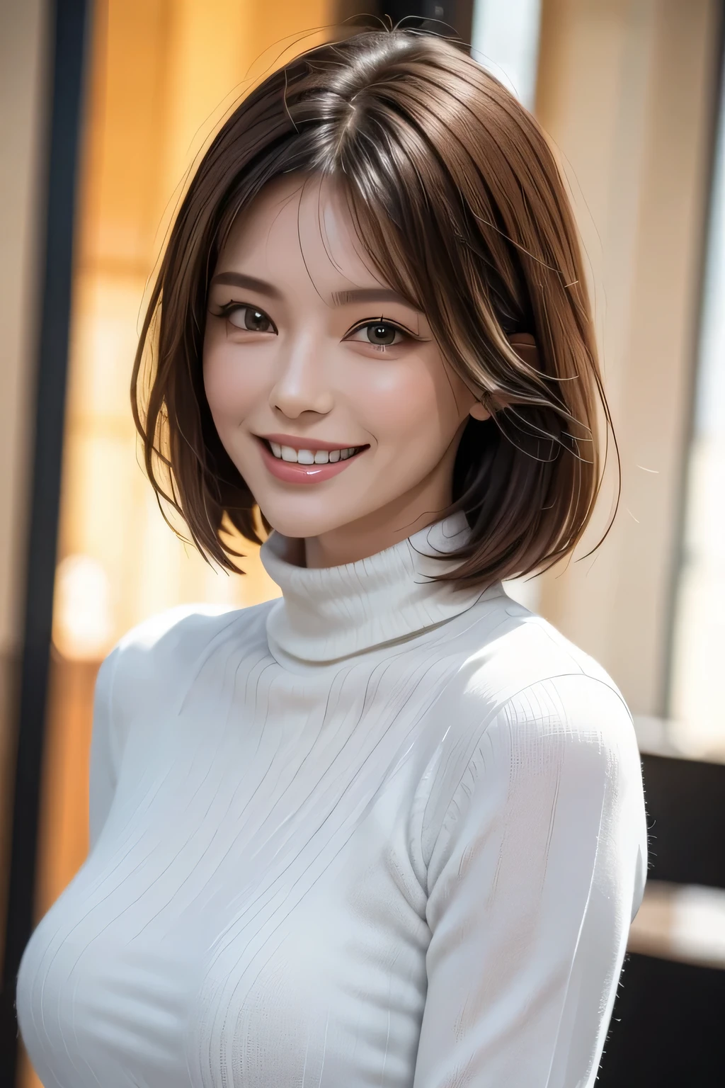 ((masterpiece)), ((Highest quality)), ((Complex)), ((Surreal)), (Realistic), (Mature Woman), ((There are no classes)), Very detailed, (1 female), Beautiful and exquisite, (Beautiful Teeth), Grin, Brunette bob hair, Brown eyes, ((Turtleneck sweater)), (Upper Body), (background:none), Perfect Eyes, Captivating eyes, Looking at the audience
