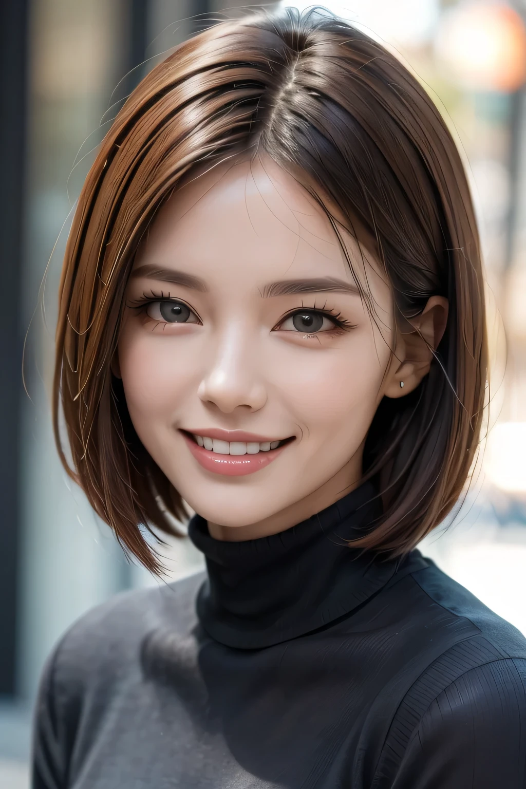 ((masterpiece)), ((Highest quality)), ((Complex)), ((Surreal)), (Realistic), (Mature Woman), ((There are no classes)), Very detailed, (1 female), Beautiful and exquisite, (Beautiful Teeth), Grin, Brunette bob hair, Brown eyes, ((Turtleneck sweater)), (Upper Body), (background:none), Perfect Eyes, Captivating eyes, Looking at the audience