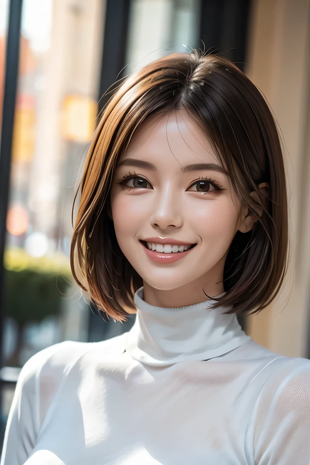 ((masterpiece)), ((Highest quality)), ((Complex)), ((Surreal)), (Realistic), (Mature Woman), ((There are no classes)), Very detailed, (1 female), Beautiful and exquisite, (Beautiful Teeth), Grin, Brunette bob hair, Brown eyes, ((Turtleneck sweater)), (Upper Body), (background:none), Perfect Eyes, Captivating eyes, Looking at the audience