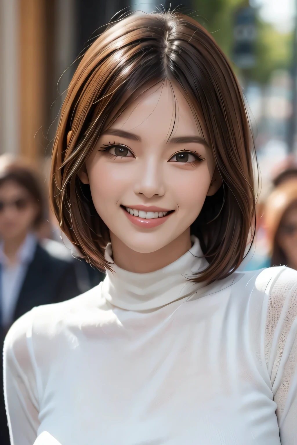 ((masterpiece)), ((Highest quality)), ((Complex)), ((Surreal)), (Realistic), (Mature Woman), ((There are no classes)), Very detailed, (1 female), Beautiful and exquisite, (Beautiful Teeth), Grin, Brunette bob hair, Brown eyes, ((Turtleneck sweater)), (Upper Body), (background:none), Perfect Eyes, Captivating eyes, Looking at the audience