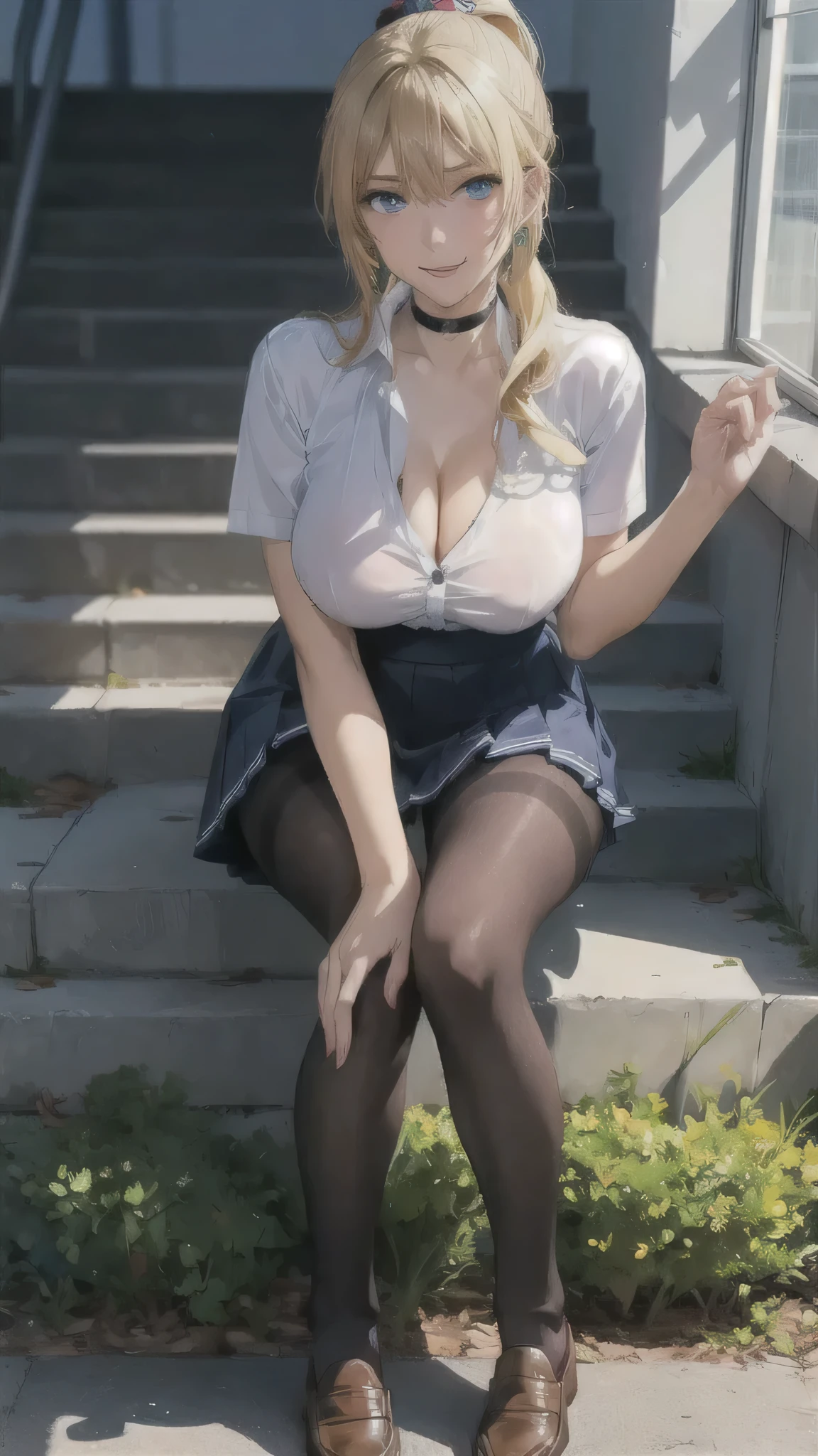 ((high school girl)),((school uniform)),((White blouse)),(((Pleated mini skirt))), ((A shy smile)),((Beautiful legs)),((Beautiful feet)),Ultra-high resolution, Mature Woman, Mature Woman, Very detailed, ((Big Breasts)), Perfect hands, Detailed fingers, Beautiful details, (((school uniform))),((Long blonde hair)),((ponytail)),Black choker, Earrings,loafers,(Black Pantyhose), (Black Stockings),Perfect Eyes, Seductive eyes, School stairs,Are standing