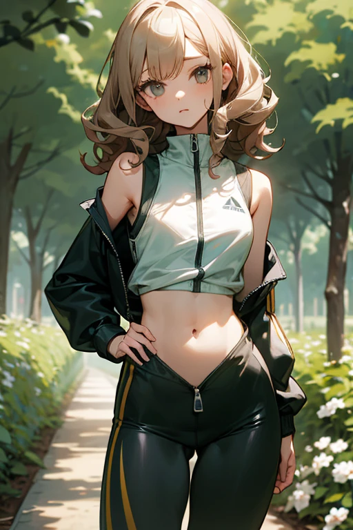 Slender beautiful girl、10th Generation、sleeveless shirt、athlete、Thin fabric tights、Belly button、A tighter zip-up shirt、Tight zip-up tracksuit、Curly Hair、Garden、Drawn eyes、Subtle details、目のハイライト