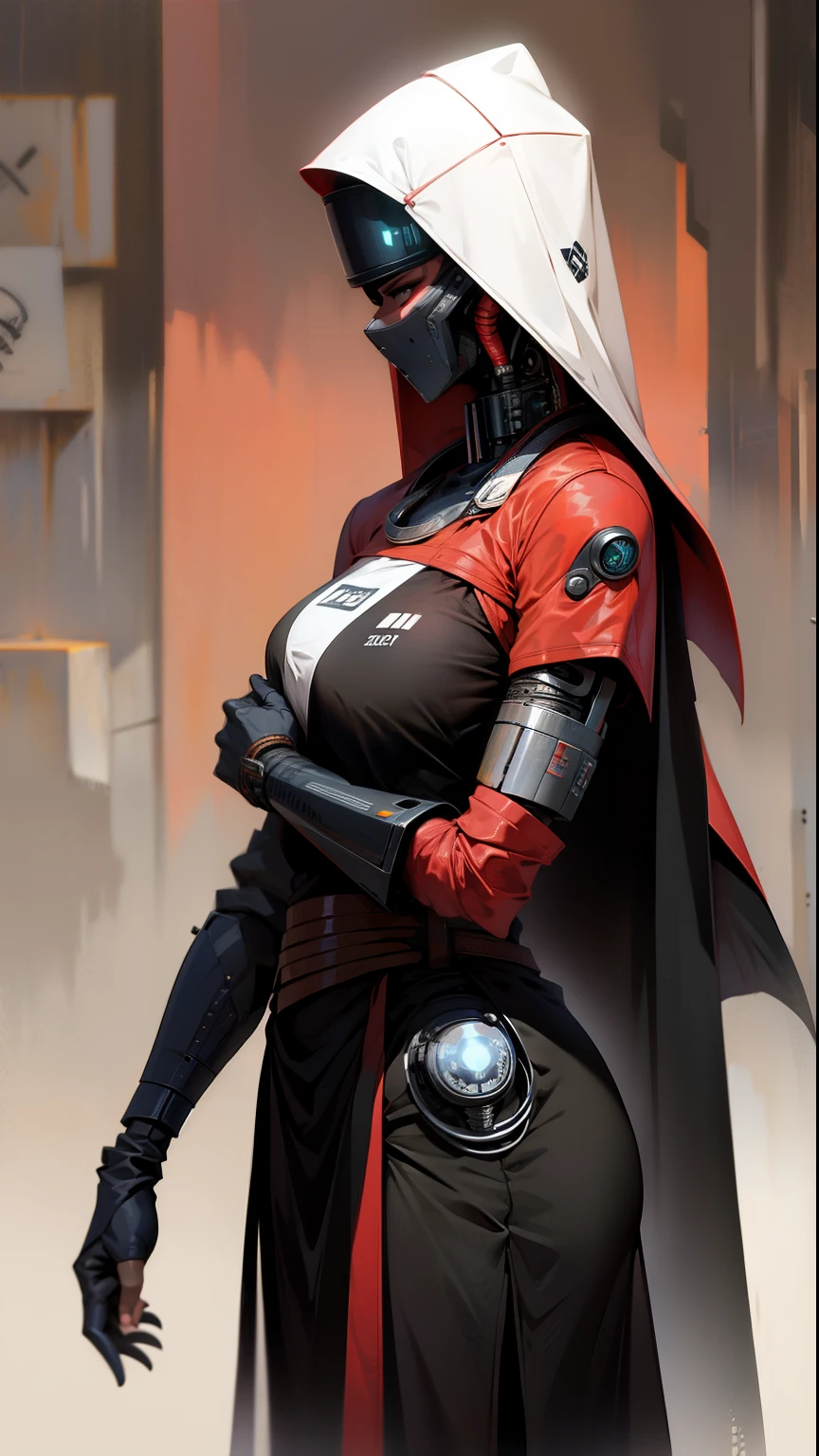 Woman, lethal cyborg assassin wearing robes armor, danger, Red Sky,post-apocalypse, extremely detaild. 