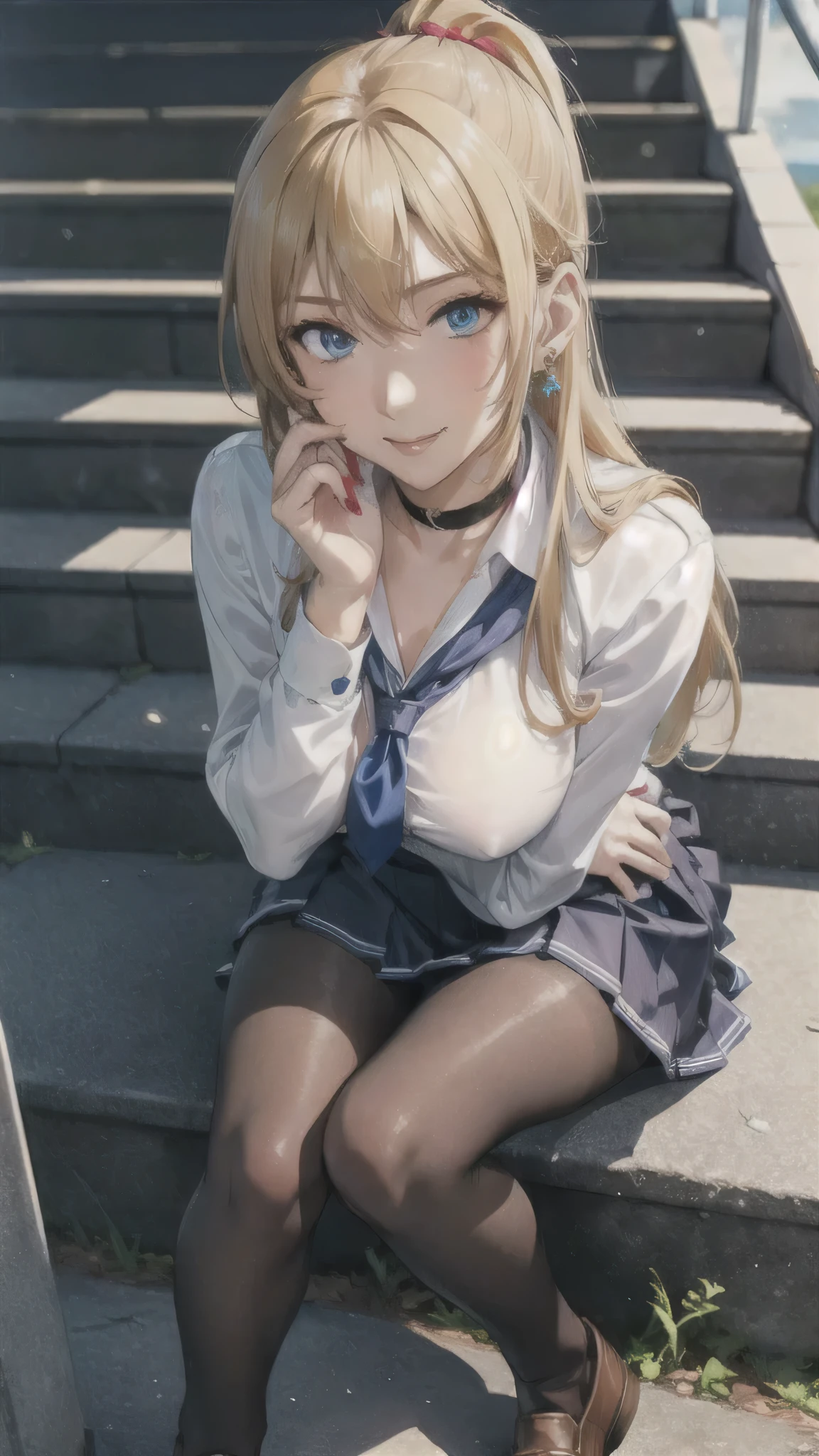 ((high school girl)),((school uniform)),((White blouse)),(((Pleated mini skirt))), ((A shy smile)),((Beautiful legs)),((Beautiful feet)),Ultra-high resolution, Mature Woman, Mature Woman, Very detailed, ((Big Breasts)), Perfect hands, Detailed fingers, Beautiful details, (((school uniform))),((Long blonde hair)),((ponytail)),Black choker, Earrings,loafers,(Black Pantyhose), (Black Stockings),Perfect Eyes, Seductive eyes, School stairs,Are standing