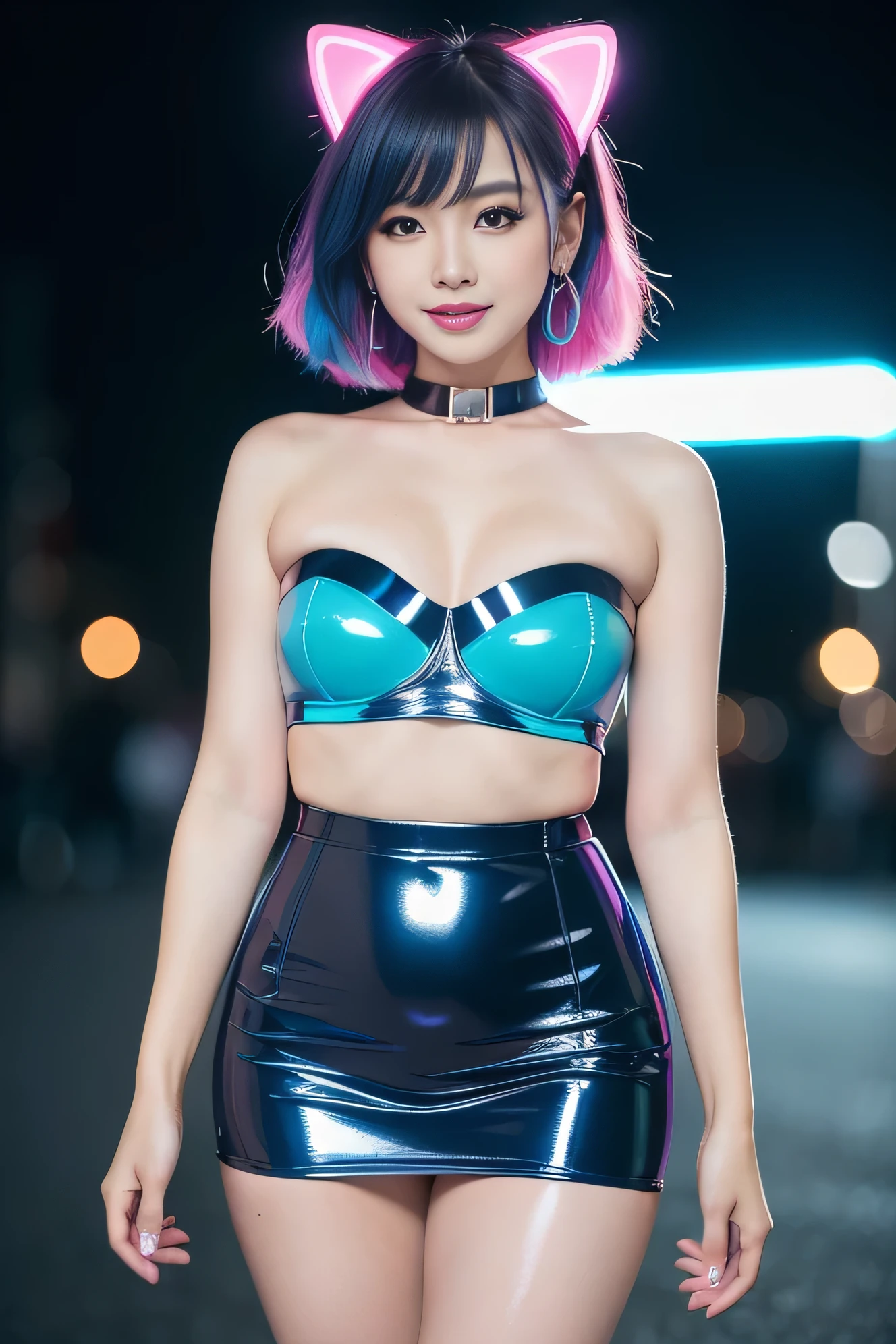 Female Idol、Nude lip gloss、smiling face、Cat eye makeup、Whole Esbian、Very big, shiny earrings.（neon indigo)、A very large, shiny necklace.（neon indigo)、(Glossy, shiny, strapless bra.（neon indigo))、(Shiny latex tight-fitting mini skirt.（neon indigo))、Clutch（neon indigo)、((colorful short hair（neon indigo)))、Long white fluffy fur coat with white fluff.（bright white)、concept art, High quality, realistic, A collection of 8K CG wallpapers that are very detailed., มีHighly detailed, High-resolution RAW color photography, Professional photography, realistic portrait, Cinema-grade lighting, Beautiful and detailed, Superb details, Highly detailed, (((Bokeh))), depth of field, light, Neon Street, Stylish lights