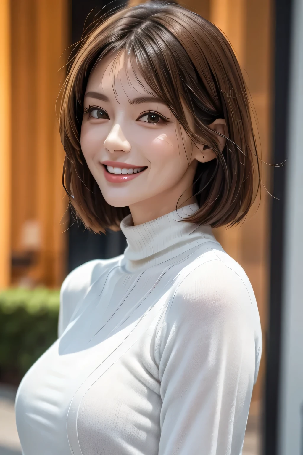 ((masterpiece)), ((Highest quality)), ((Complex)), ((Surreal)), (Realistic), (Mature Woman), ((There are no classes)), Very detailed, (1 female), Beautiful and exquisite, (Beautiful Teeth), Grin, Brunette bob hair, Brown eyes, ((Turtleneck sweater)), (Upper Body), (background:none), Perfect Eyes, Captivating eyes, Looking at the audience