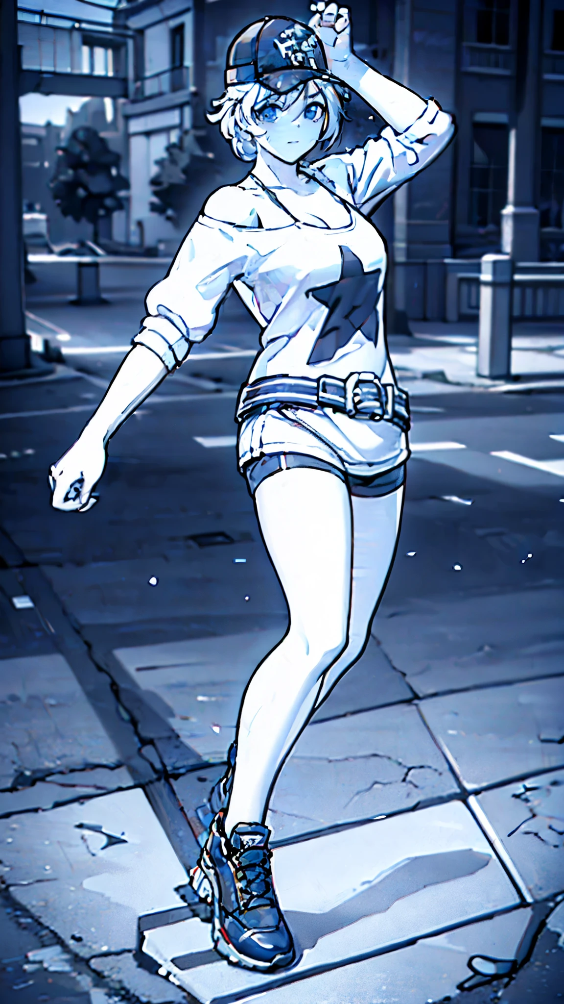 a girl in a baseball cap, off the shoulder, cleavage, belt, bikini, shorts, fighting pose, battle pose, full body overview, fullbody shot, standing, (best quality,4k,8k,highres,masterpiece:1.2),ultra-detailed,(realistic,photorealistic,photo-realistic:1.37),illustration,vivid colors