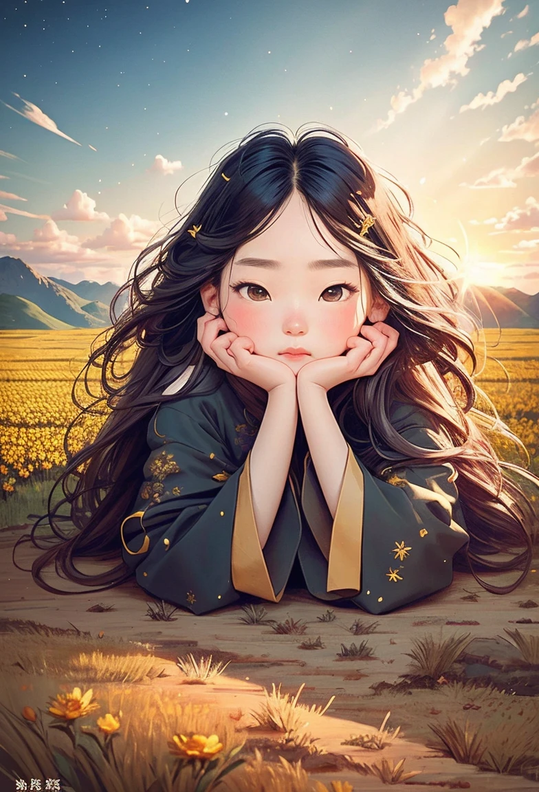 (Reality: 1.3), beautiful, quality, Rembrandt Lighting, (masterpiece: 1.2), (Reality: 1.2), (Best quality), (Skin details: 1.3), (Intricate details), dramatic, Idyllic, Ray Tracing, 1 Girl, Chinese yellow people, Black long hair, 24 years old, Modern Clothing (grassland, sun, cloud, field, farm, Starlight, route)