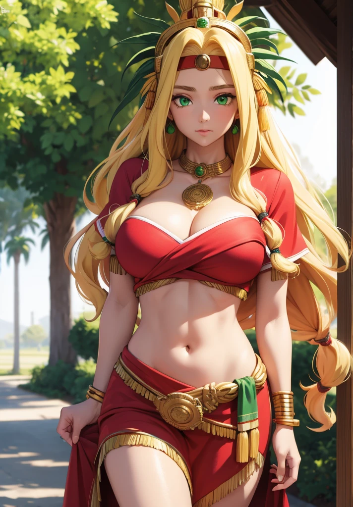 quetzalcoatl, quetzalcoatl, long hair, sidelocks, yellow hair, (green eyes:1.5), wavy hair, (large breast:1.2),
BREAK aztec, bracelet, choker, headband, headdress, jewelry, midriff, navel, short sleeves, wristlet,
BREAK looking at viewer,
BREAK outdoors,
BREAK (masterpiece:1.2), best quality, high resolution, unity 8k wallpaper, (illustration:0.8), (beautiful detailed eyes:1.6), extremely detailed face, perfect lighting, extremely detailed CG, (perfect hands, perfect anatomy),