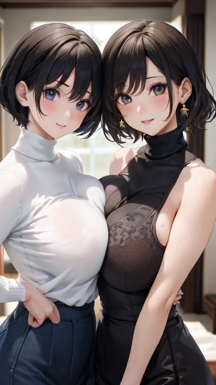 a K-pop idol wearing a turtleneck sweater,
(((masterpiece))), ((Highest quality)), ((Intricately detailed)), ((Surreal)), Absurd resolution, Mature Woman, Mature Woman, perspective, Very detailed, figure, One girl, ((Huge breasts)), Perfect hands, Detailed fingers, Beautiful attention to detail, short hair, Brown eyes,(turtleneck:1.2), Tight Skirt, Detailed Background, choker, Perfect Eyes, Seductive eyes, Looking at the audience, from the front,Low Cut,胸の谷間Two Women((((2girls))))Two Women((((2girls))))